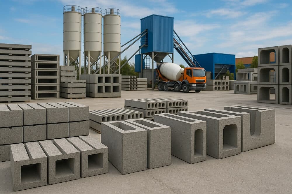 Plac składowy z betonem towarowym i elementami prefabrykowanymi.